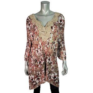 Catherines Top Plus Sz 2X 22/24W Sharkbite Hem Stretch Floral Crochet V-Neck Red